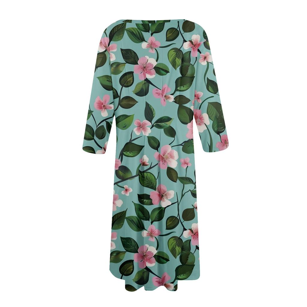 Women's Loose Casual And Fashionable Round Neck Seven Quarter Sleeved Printed Mid Length Dress