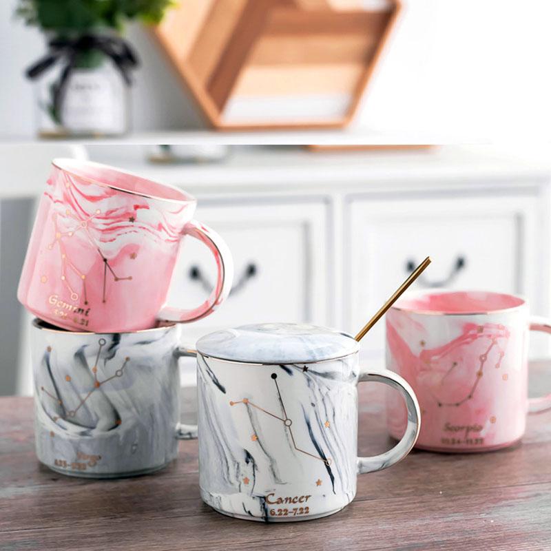 400ML Twelve Constellation Marble Cup with Cover Long Spoon Ceramic Party Tableware Set Porcelain Breakfast Coffee Mug Cup