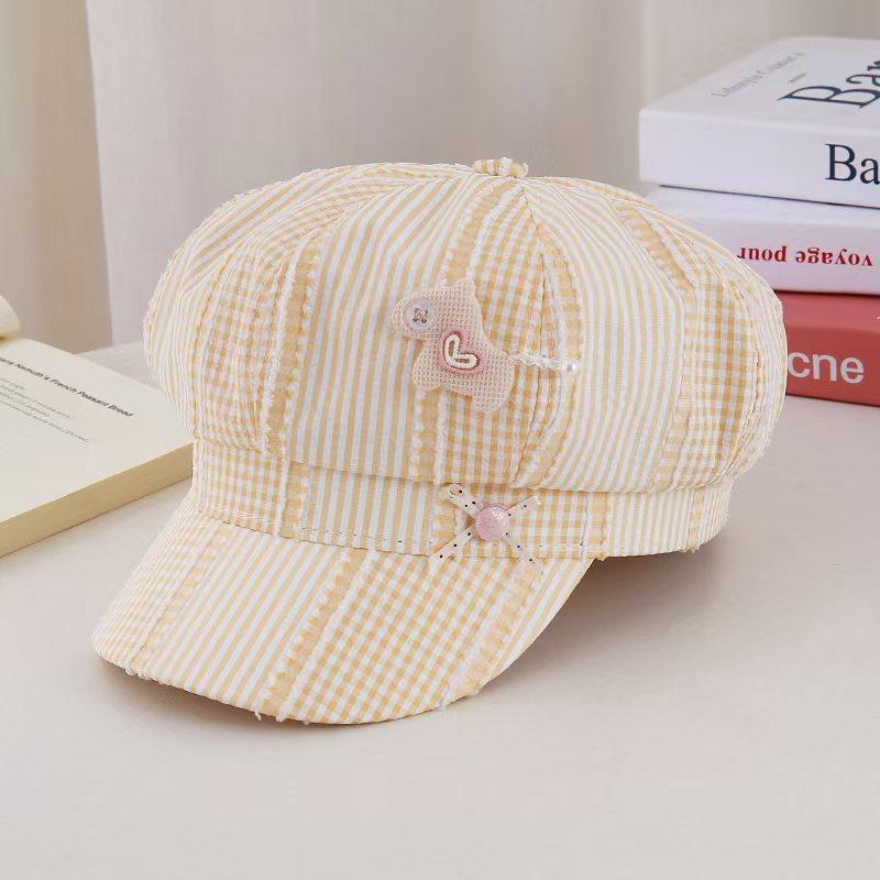 Sweet Button Love Plaid Octagonal Beret Women'S Big Head Circumference Show Face Small Fashion Versatile Newsboy Painter Hat