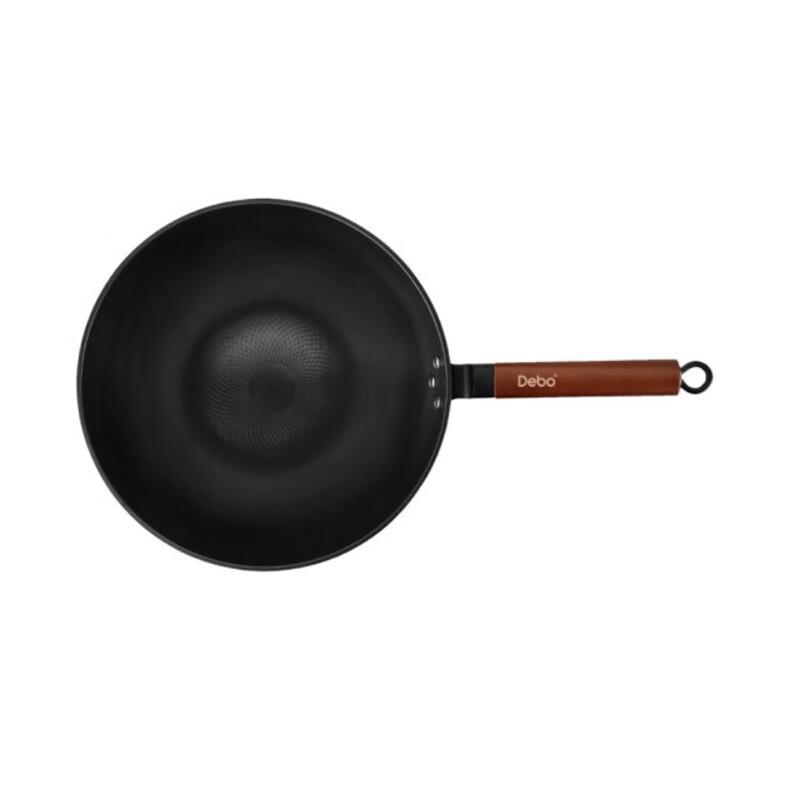 Debo 32cm Iron Wok & Frying Pan with Wooden Handle and Glass Lid
