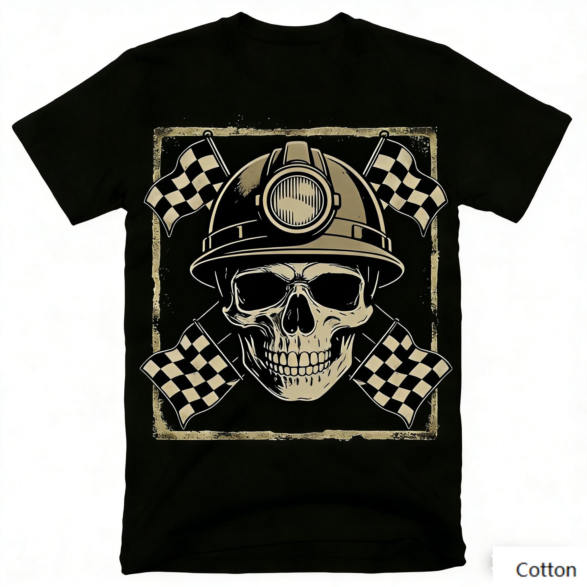 Vintage Miner Racing Skull Graphic T Shirt, Cotton Crew Neck Short Sleeve Tee, Checkered Flag Print Unisex Top S разноцветный