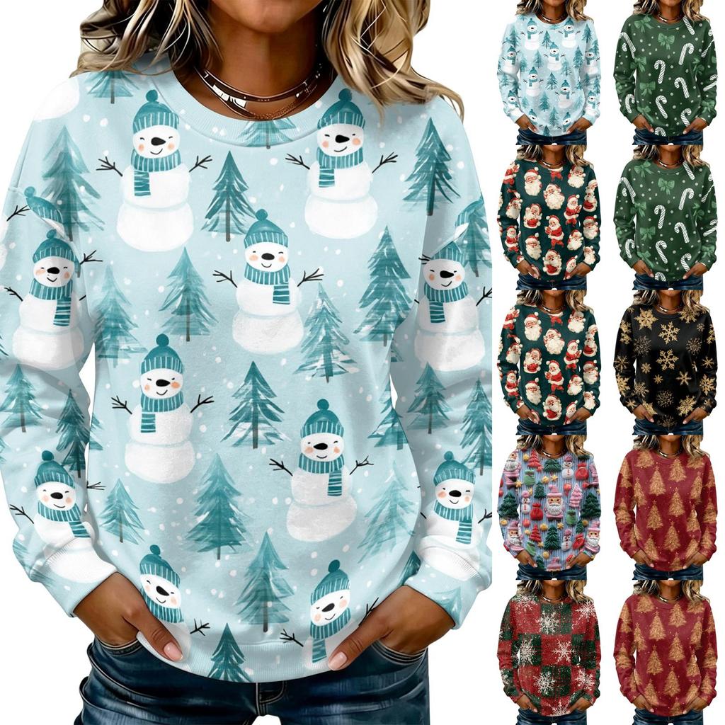 Women's Casual Long Sleeve Christmas Print Neck Pullover Sweatshirt