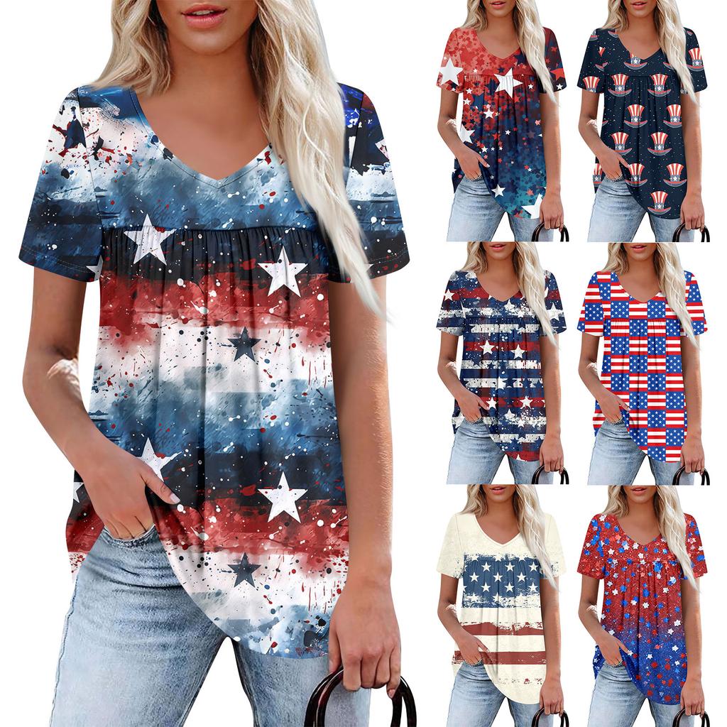 Women's Casual V-Neck Short Sleeve Chest Ruffle Printed Top