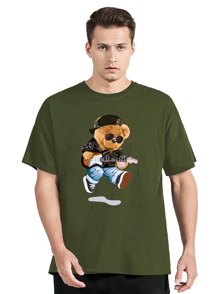 Cool Bear In Rocker Style With Electric Guitar TShirt Hip Hop Rock Cotton Tops Tees Mens Clothing Oversized Tshirt
