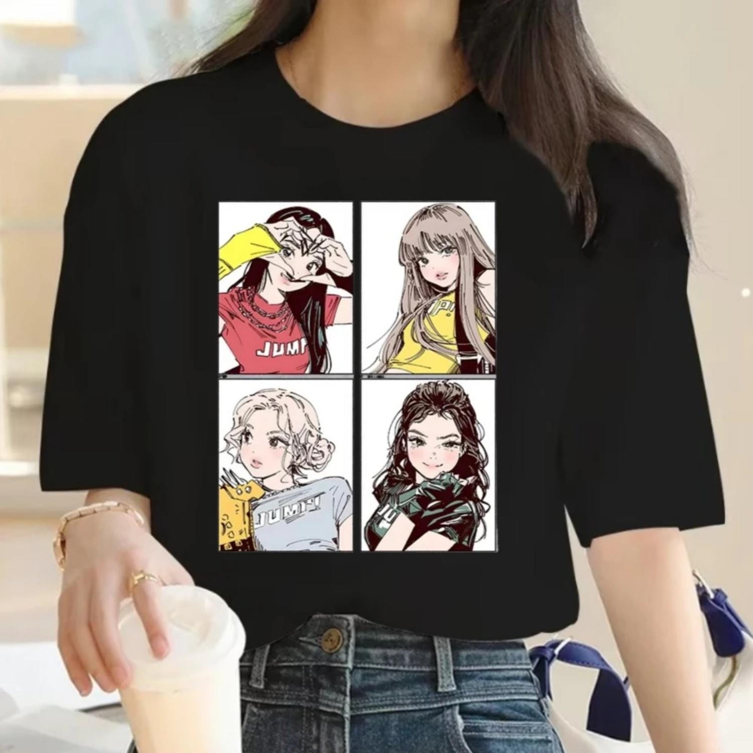 Adorable Anime Graphic T Shirts Kpop BP Jump 2025 Tees Pink Girls Band Clothing Summer High Quality Cotton Comfortable Y2K Tops S чёрный