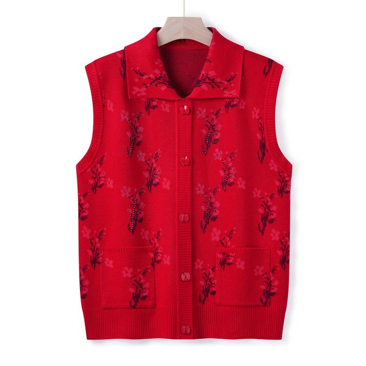 Mom's Autumn New Knitted Sweater Vest Middle-aged and Elderly Women's Vest Cardigan Vest Grandma Autumn Sweater Horse