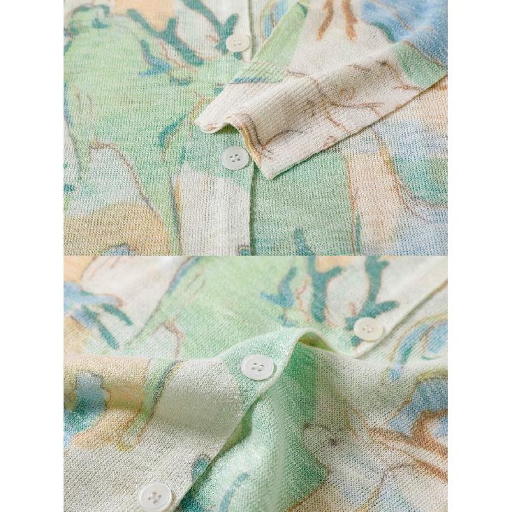 Summer Women's V-Neck Floral Print Knit Cardigan Long Sleeve Lightweight Casual Sweater Jacket Anti-Darkness