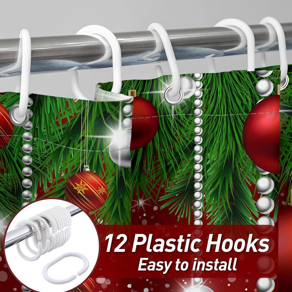 Merry Christmas Shower Curtain with Winter Farmhouse Pattern, Cute Waterproof Bathroom Decor for Xmas Home Celebration