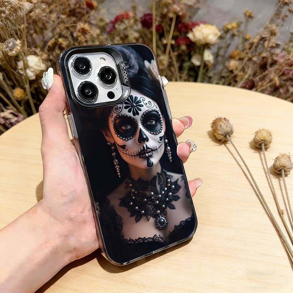 Mexican Catrina Skull Girl Phone Case For iPhone 17,16,15,14,13,12,11 Plus,Pro Max,XS,Colored Silver Plated Inside Cover iPhone13