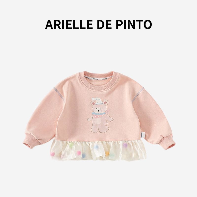 French Arielle De Pinto Girls  Round-Neck Cute Bear Print Mesh Hem Sweatshirt for Girls Pink 100