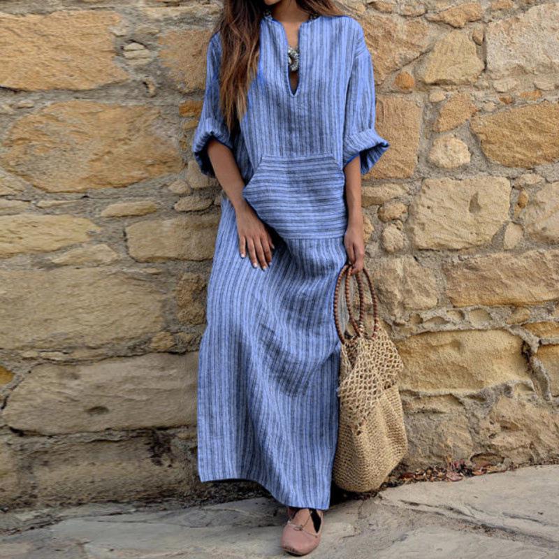 Abito da donna a righe con tasche in cotone e lino, stile europeo e americano