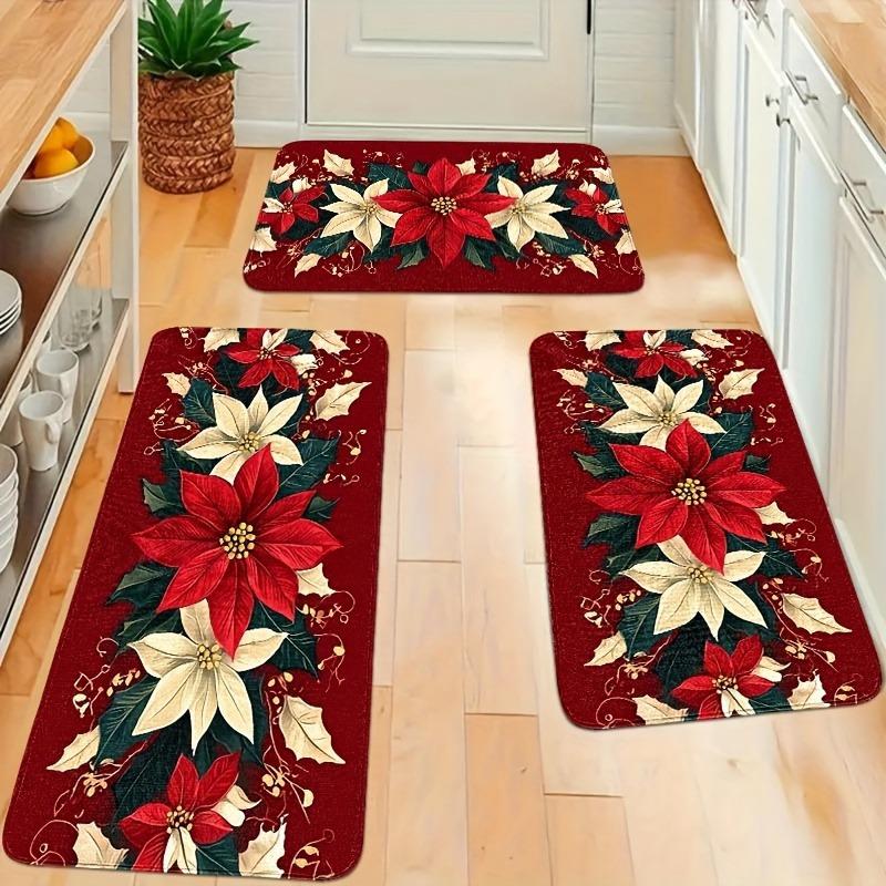 Set Christmas Kitchen Floor Mats Non Slip Washable Poinsettia Golden Border Runner Rug for Family Xmas Holiday Decor
