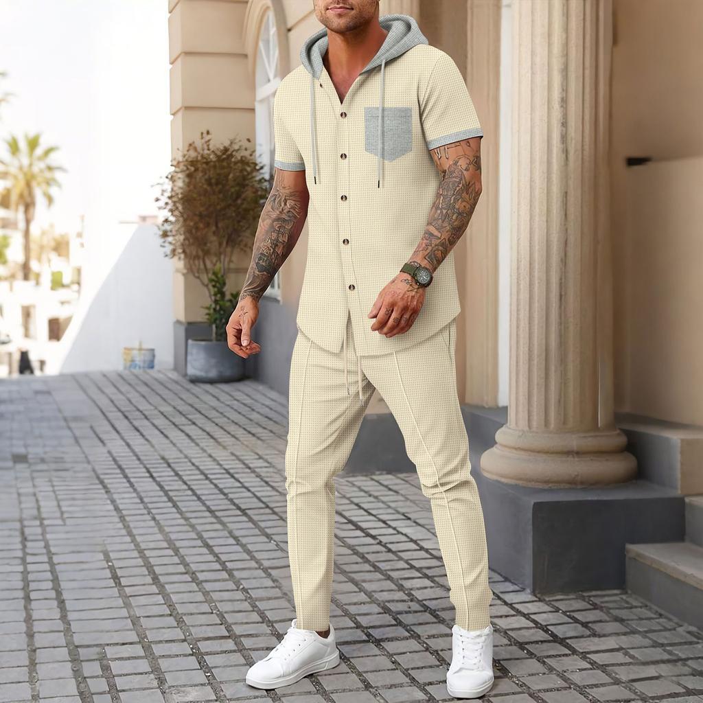 Men  Sports  Leisure  Waverg  Hooded  Hood  Short  Sleeves  Trousers  Set