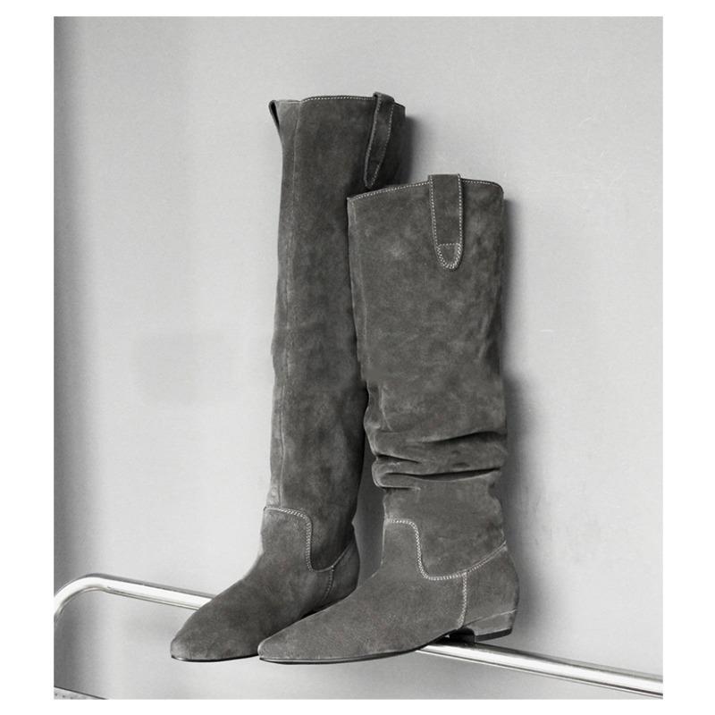 Large Size Over The Knee Temperament Suede High Knight Boots Women's Retro All-match Low Heel Pleated Long Boots