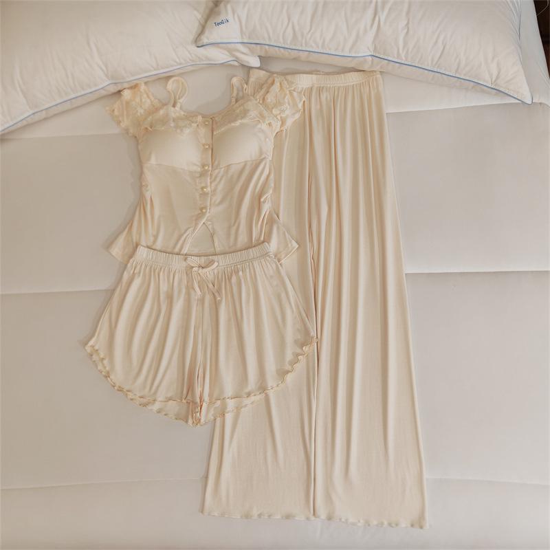 Women's Lace Camisole Sleepwear Set with Chest Pads - Sweet & Sexy Spring/Summer Homewear.