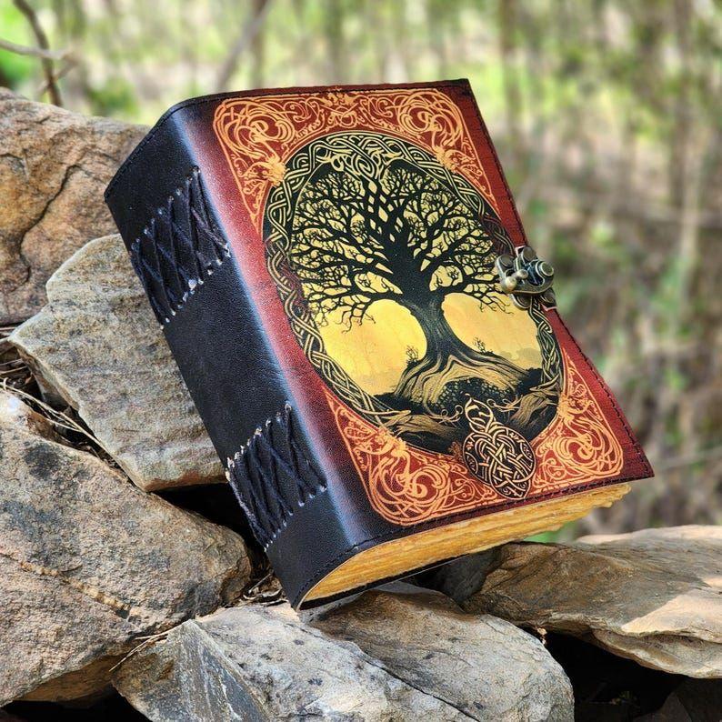 Grimoire Leather Journal, Tree Printed Leather Cover, Blank Spellbook Of Shadows, Sketchbook. Wedding Guest Book