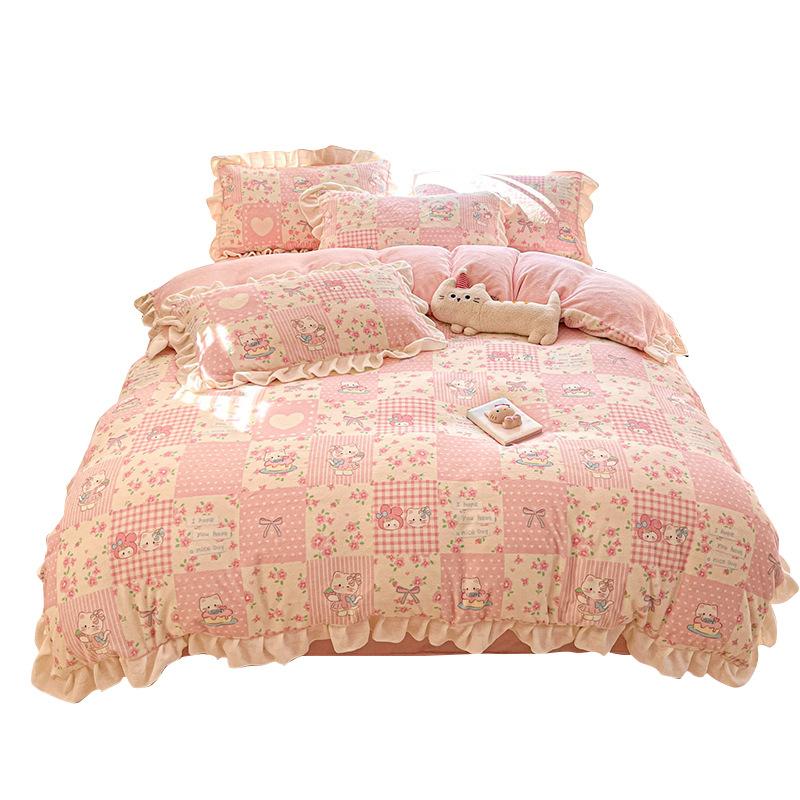 Thickened Milk Fleece Four-Piece Set, Lace Coral Fleece Quilt Cover, Bedding Fleece Bed Sheet Three-Piece Set
