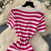 Summer Women Casual V-neck Striped Knitted Sweater Long Maxi Split Slim Bodycon Sheath Dresses
