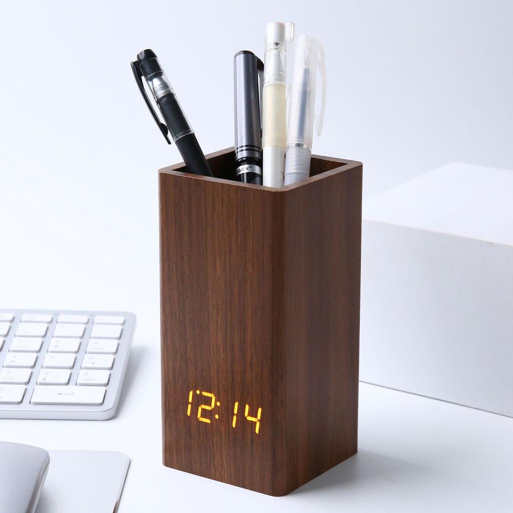 Creative L Pen Holder Alarm Clock Electronic Digital Clock Office Stationery Pen Holder Table Wooden Clock Multifunctional Wooden Clock