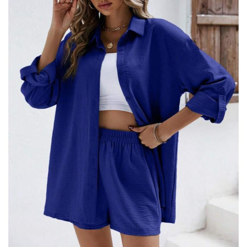 Fashionable Casual Suit Women's Clothing Spring Solid Color Lapel Long Sleeve Shirt High-Waisted Shorts Elastic Waist Skirt