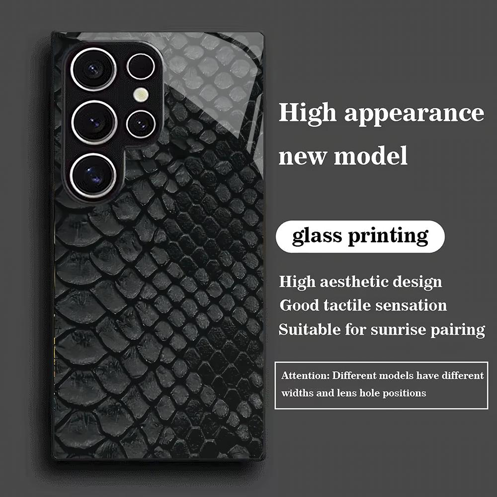Fish Scale Texture Pattern Black Tempered Glass Phone Case for Samsung Galaxy S26 S25 S24 S23 S22 S21 S20fe/plus/ultra Anti Drop