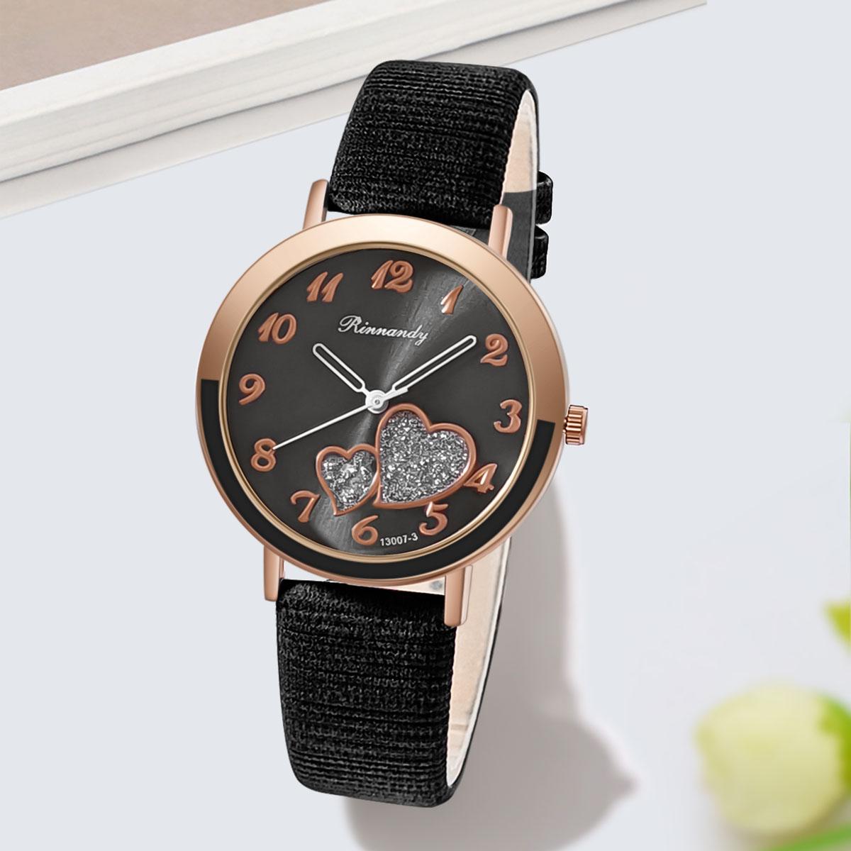 

Women Heart Quartz Wristwatch Pu Leather Watches Clock Pointer Watch чорний