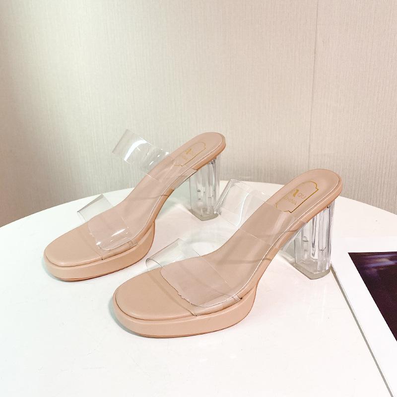 High-heeled slippers women's summer new one-word with PVC outer wear fashion crystal heel