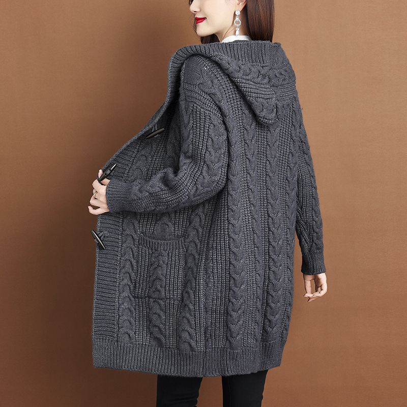 Spring Autumn Thick Sweater New Style Knitted Outerwear Women's Cardigans Medium Long Hooded Cardigan Sweater Coat
