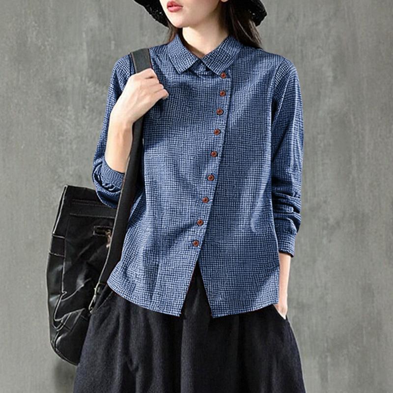 ZANZEA Women Turn Down Collar Long Sleeve Plaid Print Casual Blouse