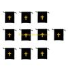 F26C Pack Of 10 Velvets Drawstring Bags Rosary Bags Jewelry Gift Pouches Featurings Crosses Designs For Jewelry Storage
