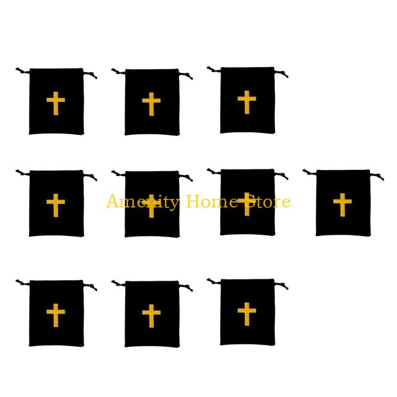 F26C Pack Of 10 Velvets Drawstring Bags Rosary Bags Jewelry Gift Pouches Featurings Crosses Designs For Jewelry Storage