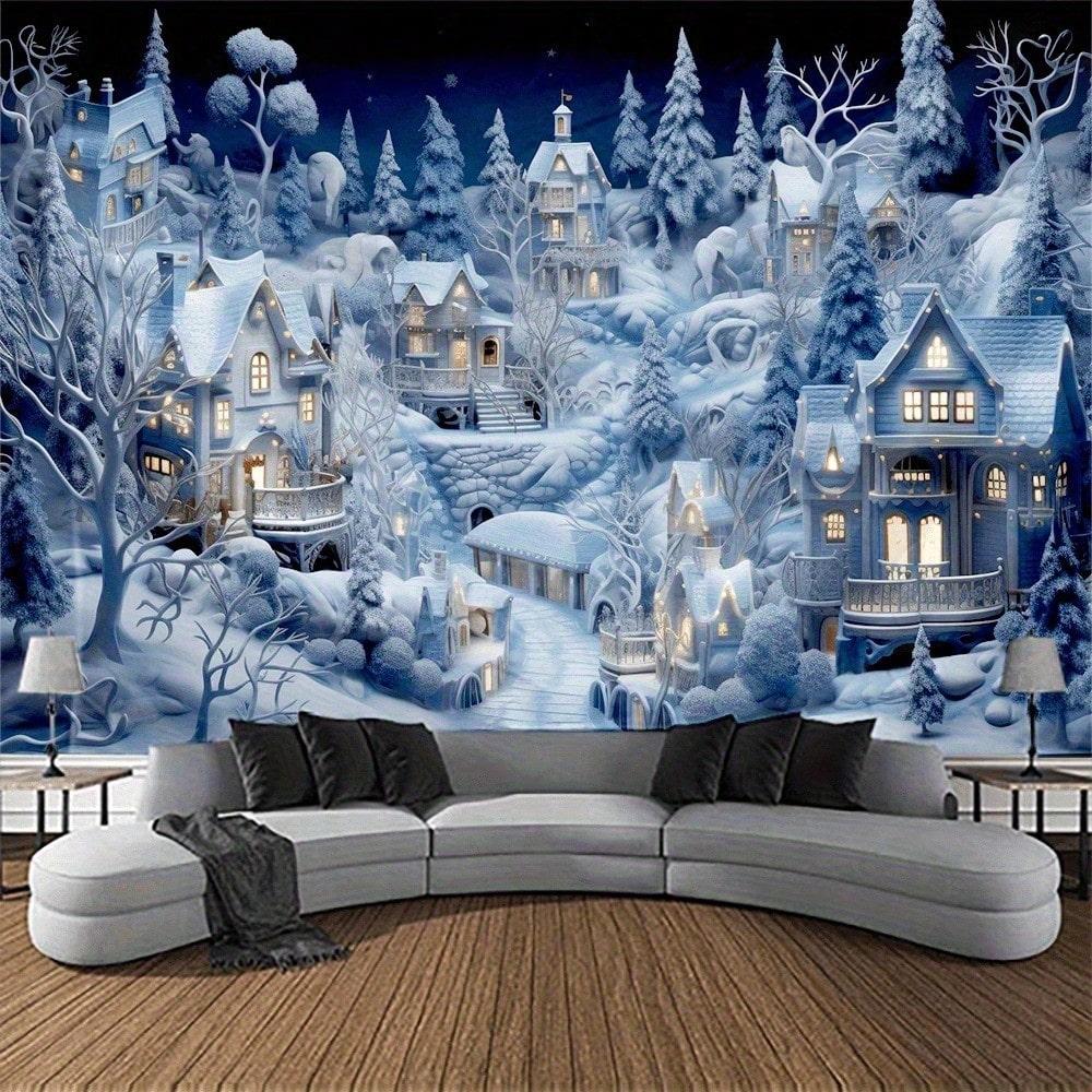 

1pc Winter Tapestry Snow Village Christmas Scene Wall Hanging for Living Room Bedroom Decor Back-to-school season Autumn gifts 70x100CM