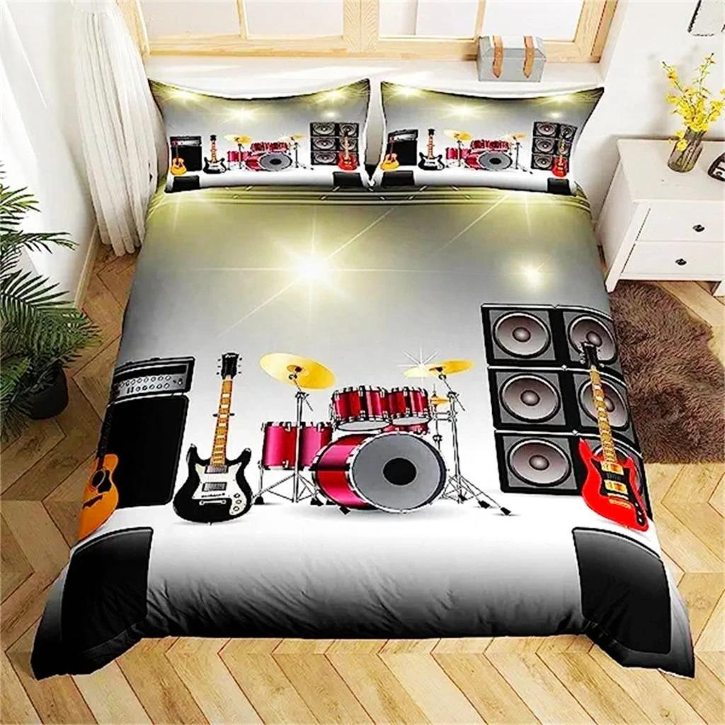3D Rock Music Themed Guitar Colorful Duvet Cover Fire And Water Bedding Set Modern Gorgeous Microfiber Polyester For Boy Gifts