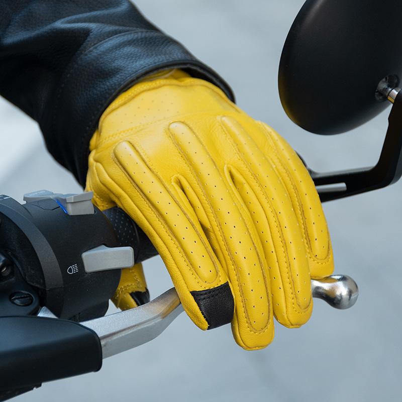 Sheepskin Motorcycle Gloves Touch Screen Non Slip Genuine Leather Retro Motorcycle Gloves Yellow