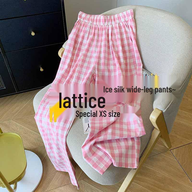 

Ice Silk Pink Plaid High-Waisted Wide-Leg Pants for Women – Slimming, Casual, and Petite-Friendly XS (60-79 lbs)