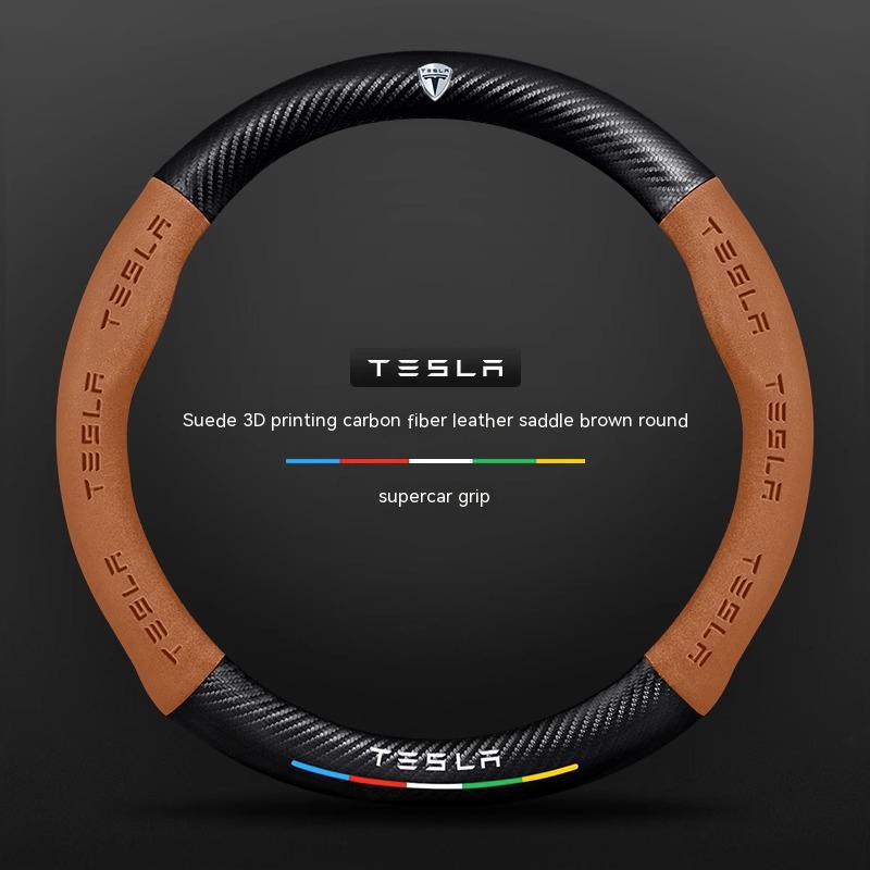 ALA1 Tesla Model 3 Model Y Model S Model X Roadster Suede Carbon Fiber Anti-slip Breathable Car Steering Wheel Cover Auto Accessories