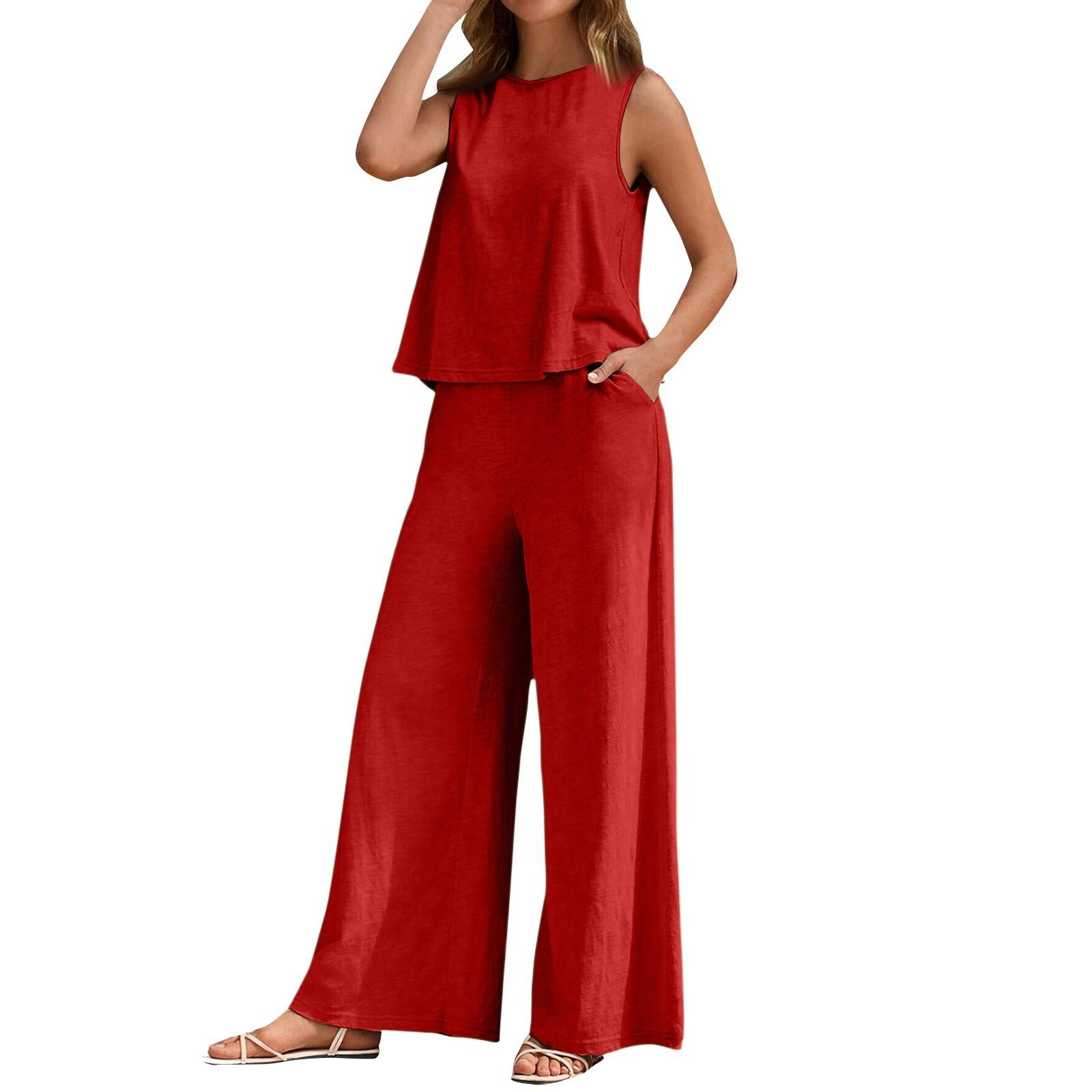 

Модный женский однотонный элегантный двухсекционный жилет с круглым вырезом и широкие брюки костюм женская одежда L красный