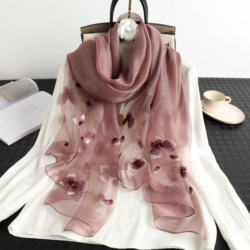 Floral Embroidered Silk Scarf Springautumn Thin Mulberry Silk Scarf Elegant And Decorative Shawl