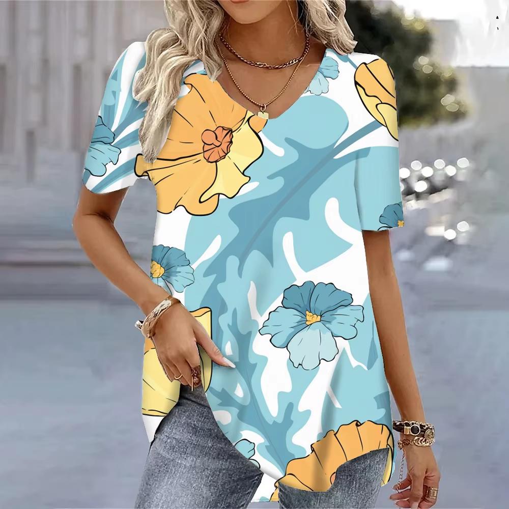 Elegant vacation abstract painting color blocks combined with geometric grid patterns. Full-body printed with breathable V-neck short-sleeved T-shirt.