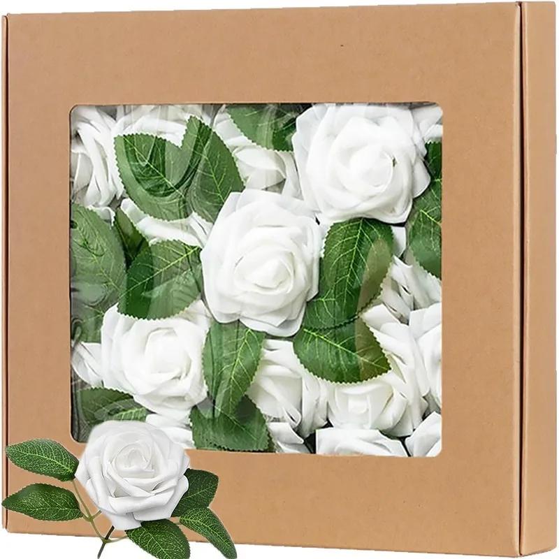 5/100pcs Artificial Fake Roses Heads with Stems Rose Flower and Green Leaves Valentine's Day Wedding Birthday Party Decoration