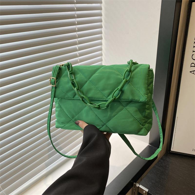 

Зимняя хлопковая стеганая сумка для женщин с цепочкой и ромбическим узором, дизайнерская сумка с перьями и пухом, женская сумка-тоут через плечо 29x7x19cm зелёный