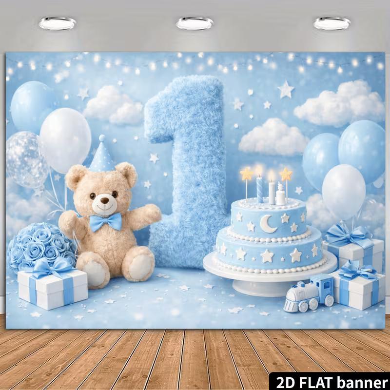 2D Teddy Bear 1st Birthday Backdrop for Newborn Photography