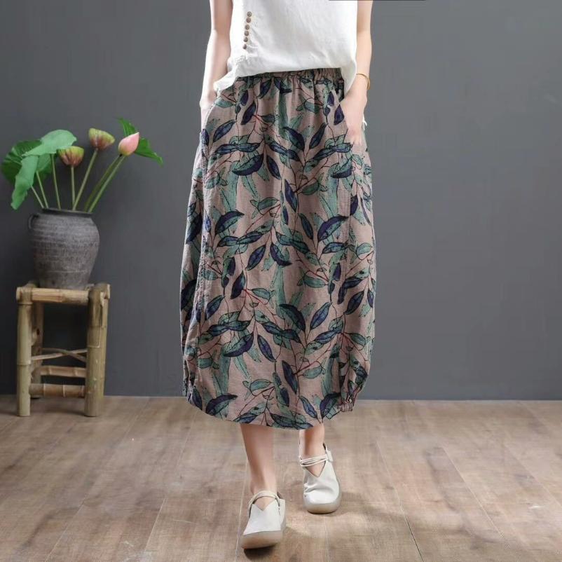 Falda Floral de Algodón y Lino Estilo Étnico de Verano para Mujer Talla Grande Vestido de Madre Falda Larga Coreana