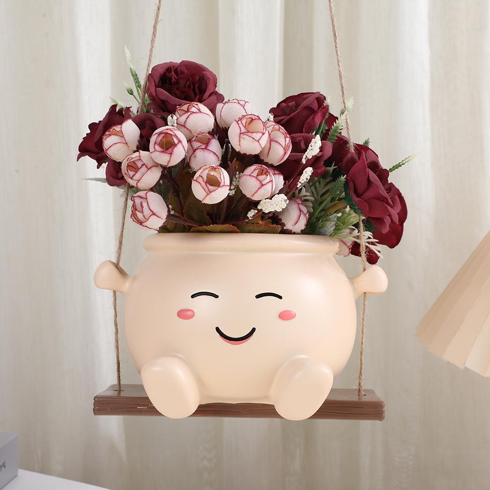 Smiley Face Succulent Planter: Creative Resin Flower Pot with Swing Ornaments