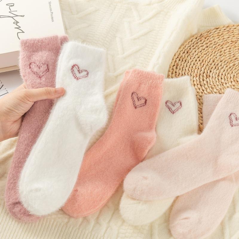 Love Embroidered Mink Velvet Socks Women's Autumn and Winter Medium Tube Socks Thickened Plush Sweet Sleep Floor Confinement Socks