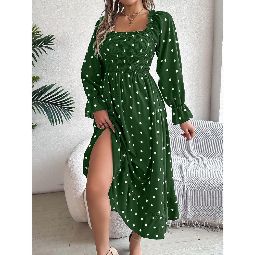 Rochie de damă cu mânecă lungă, casual, cu cercei din lemn, cu gât pătrat, cu buline, cloș, rochie lungă
