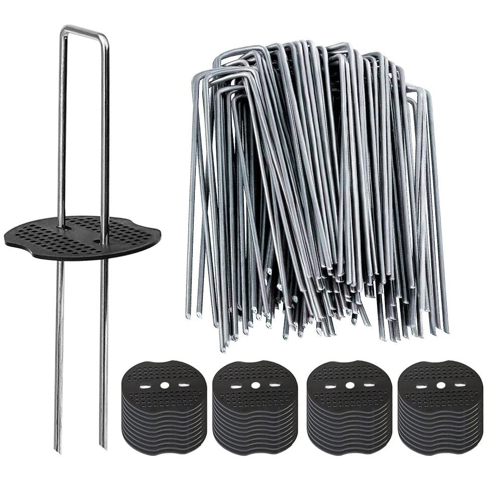 50Pcs Garden Stakes Staples + 50Pcs Gaskets, 4 And 6 Inch Lawn Landscape Staples 11 Gauge U Shaped Galvanized Landscape Pins