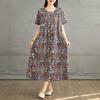 Summer Retro Cotton and Linen Round Neck Short Sleeved Dress, Women's Loose Skirt