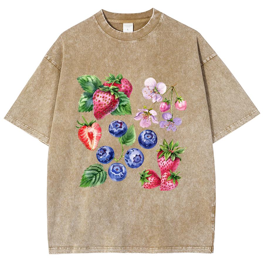 Summer Women's T-Shirt Women's Clothing Sales Oversize Strawberry Print Washed Top Harajuku Short Sleeve Casual