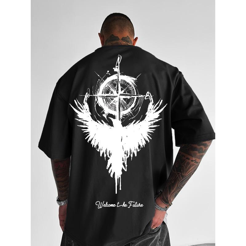 

Европейские размеры Мужская футболка в стиле Y2K с принтом Компас и Ворон - Свободный крой, Круглый вырез, Короткий рукав, Летний топ, Дышащая повседневная рубашка, Подходящая S чёрный